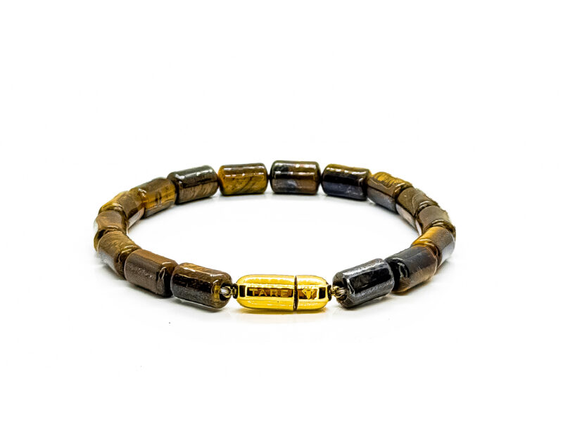 Brown tiger eye bracelet with Grade A gemstones, 18K PVD gold finish, and surgical-grade magnetic clasp