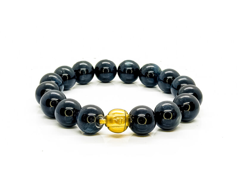 Blue Tiger Eye bracelet with Grade A gemstones, 18K PVD gold finish, and surgical-grade stainless steel magnetic clasp